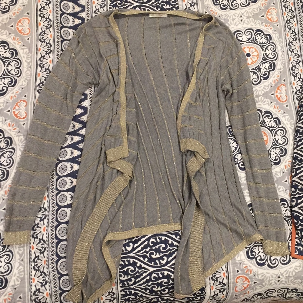 Long grey and gold knit cardigan